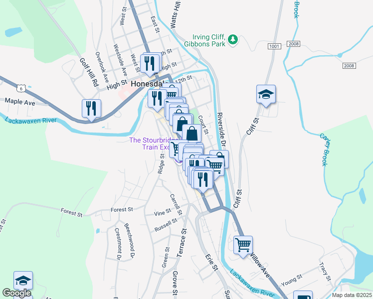 map of restaurants, bars, coffee shops, grocery stores, and more near 204 8th Street in Honesdale