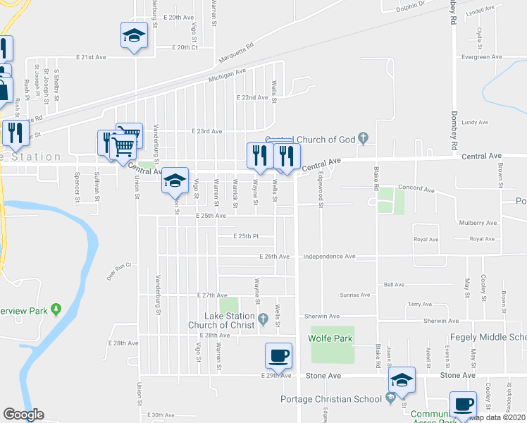 map of restaurants, bars, coffee shops, grocery stores, and more near 4916 East 25th Avenue in Lake Station