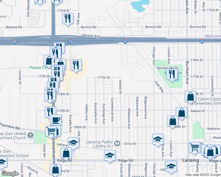 map of restaurants, bars, coffee shops, grocery stores, and more near 17738 Commercial Avenue in Lansing