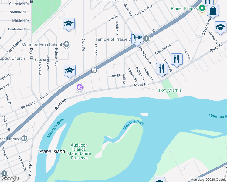 map of restaurants, bars, coffee shops, grocery stores, and more near 1308 River Road in Maumee