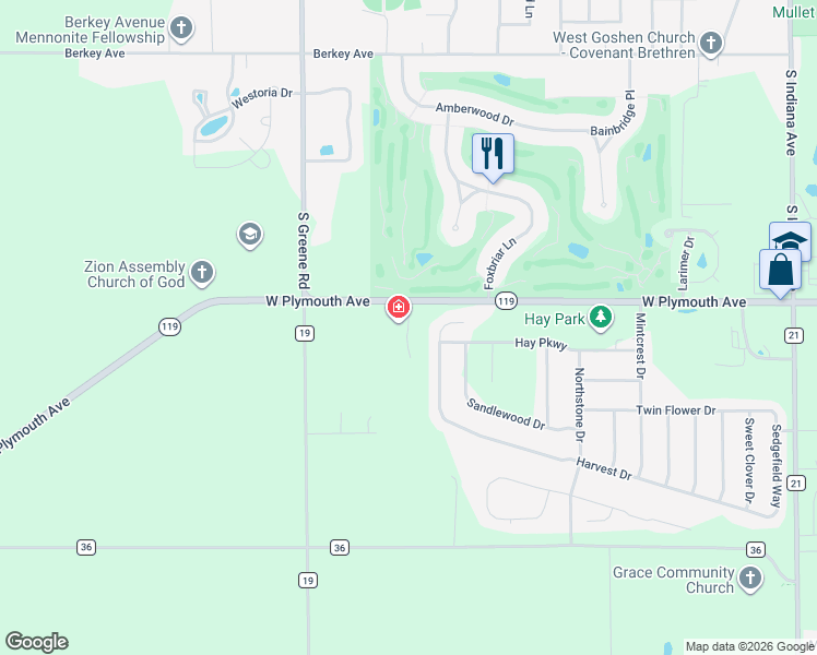 map of restaurants, bars, coffee shops, grocery stores, and more near Lighthouse Ln in Goshen