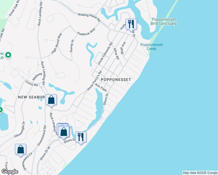 map of restaurants, bars, coffee shops, grocery stores, and more near 107 Shore Drive in Mashpee