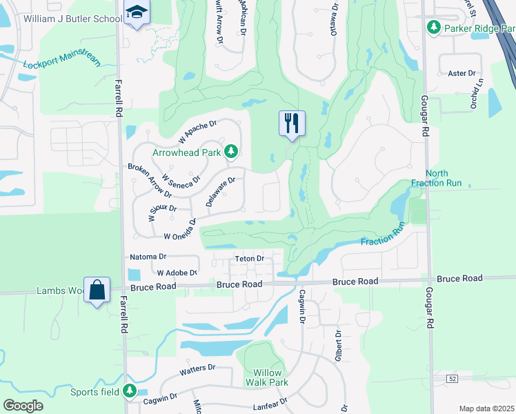 map of restaurants, bars, coffee shops, grocery stores, and more near 17266 Long Bow Drive in Lockport