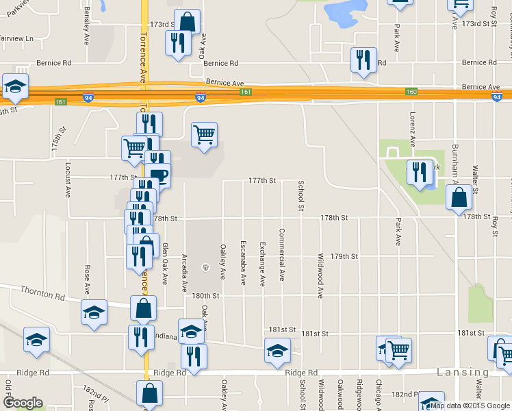 map of restaurants, bars, coffee shops, grocery stores, and more near 17740 Exchange Avenue in Lansing
