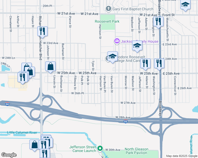map of restaurants, bars, coffee shops, grocery stores, and more near 2524 Harrison Street in Gary