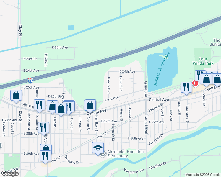 map of restaurants, bars, coffee shops, grocery stores, and more near 2495 Hancock Street in Gary