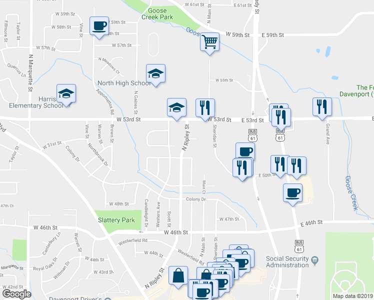 map of restaurants, bars, coffee shops, grocery stores, and more near 5117 North Ripley Street in Davenport