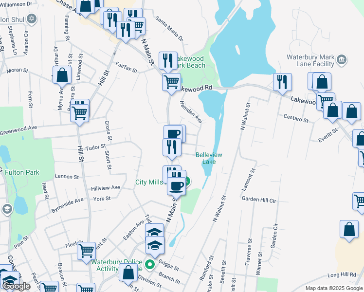 map of restaurants, bars, coffee shops, grocery stores, and more near 36 Bellevue Street in Waterbury