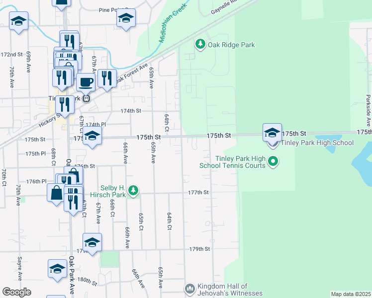 map of restaurants, bars, coffee shops, grocery stores, and more near 17525 Ridgeland Avenue in Tinley Park