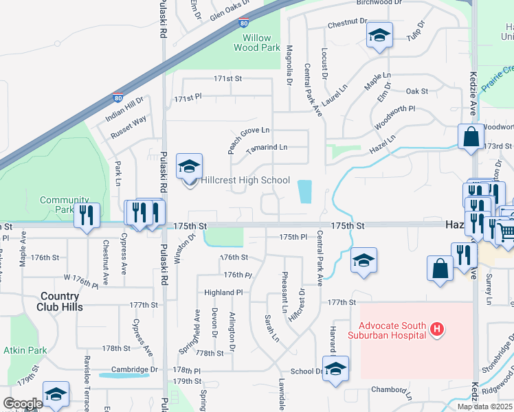 map of restaurants, bars, coffee shops, grocery stores, and more near 17406 Wellington Drive in Hazel Crest