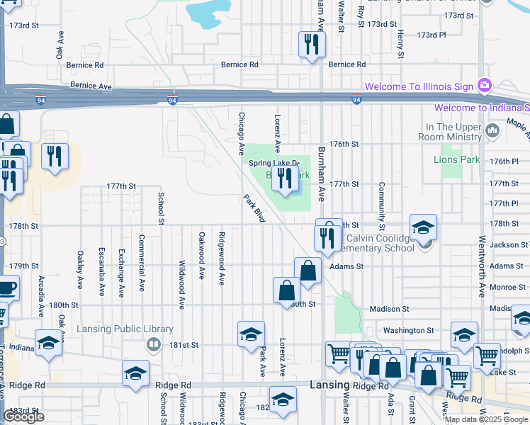 map of restaurants, bars, coffee shops, grocery stores, and more near 17735 Park Boulevard in Lansing