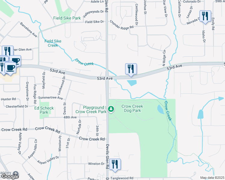 map of restaurants, bars, coffee shops, grocery stores, and more near 5113 Devils Glen Road in Bettendorf