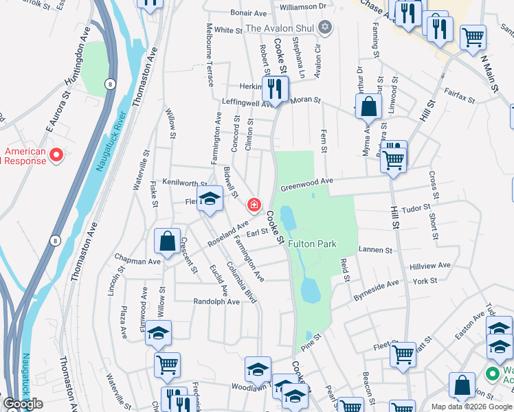 map of restaurants, bars, coffee shops, grocery stores, and more near 17 Lexington Avenue in Waterbury