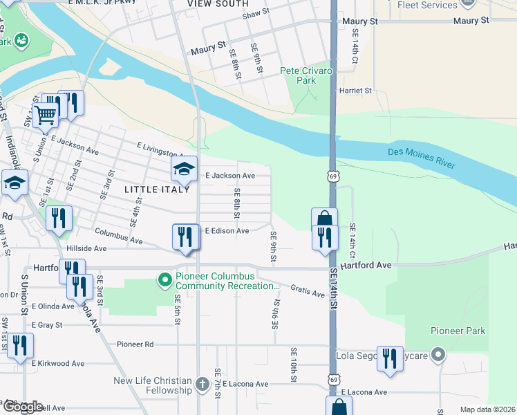 map of restaurants, bars, coffee shops, grocery stores, and more near 826 East Dunham Avenue in Des Moines