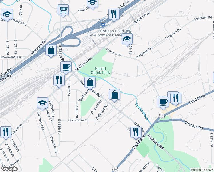 map of restaurants, bars, coffee shops, grocery stores, and more near 19416 Nyack Court in Cleveland