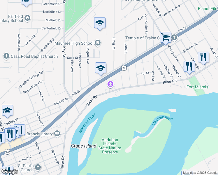 map of restaurants, bars, coffee shops, grocery stores, and more near 1035 River Road in Maumee