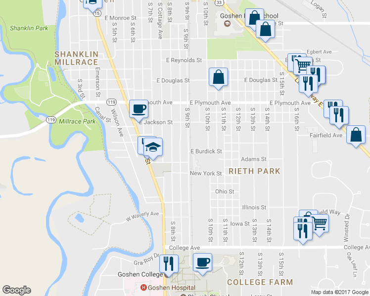 map of restaurants, bars, coffee shops, grocery stores, and more near 1023 South 9th Street in Goshen