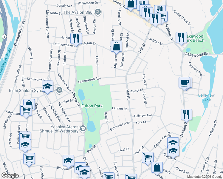 map of restaurants, bars, coffee shops, grocery stores, and more near 448 Tudor Street in Waterbury