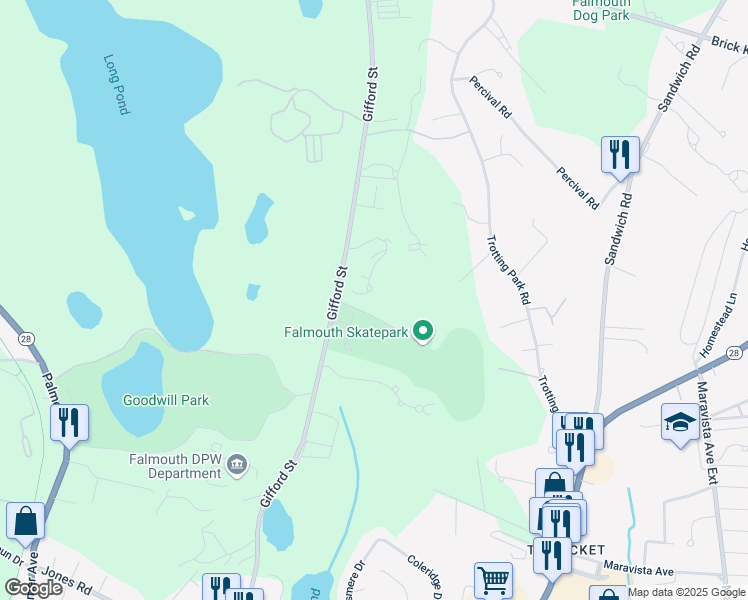 map of restaurants, bars, coffee shops, grocery stores, and more near 72 Pine Valley Drive in Falmouth