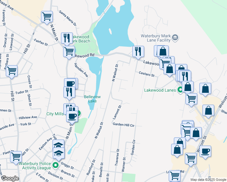 map of restaurants, bars, coffee shops, grocery stores, and more near 588 North Walnut Street in Waterbury