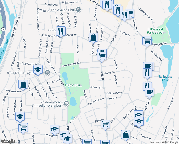 map of restaurants, bars, coffee shops, grocery stores, and more near 448 Tudor Street in Waterbury