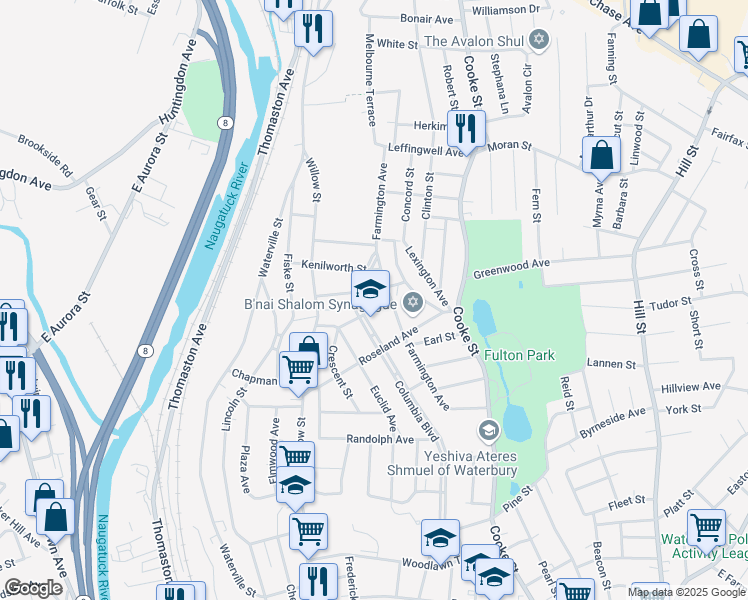 map of restaurants, bars, coffee shops, grocery stores, and more near 250 Columbia Boulevard in Waterbury