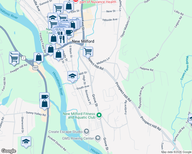 map of restaurants, bars, coffee shops, grocery stores, and more near 61 Grove Street in New Milford