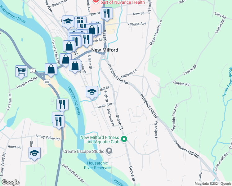 map of restaurants, bars, coffee shops, grocery stores, and more near 61 Grove Street in New Milford