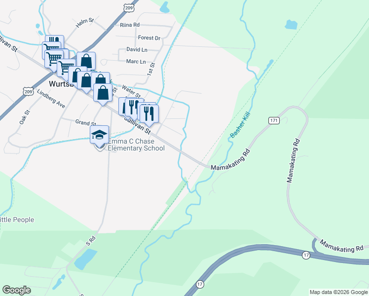 map of restaurants, bars, coffee shops, grocery stores, and more near 18 Sullivan Street in Wurtsboro