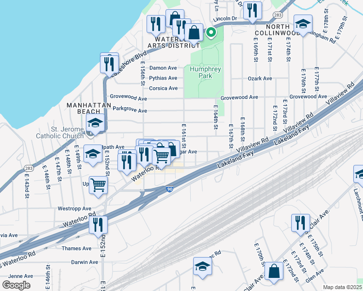 map of restaurants, bars, coffee shops, grocery stores, and more near 366 East 161st Street in Cleveland