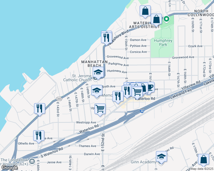 map of restaurants, bars, coffee shops, grocery stores, and more near 15213 Ridpath Avenue in Cleveland
