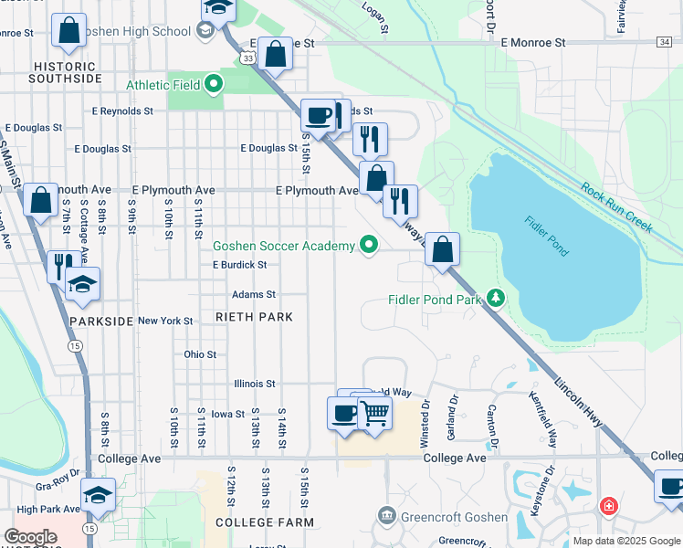 map of restaurants, bars, coffee shops, grocery stores, and more near 1102 South 16th Street in Goshen