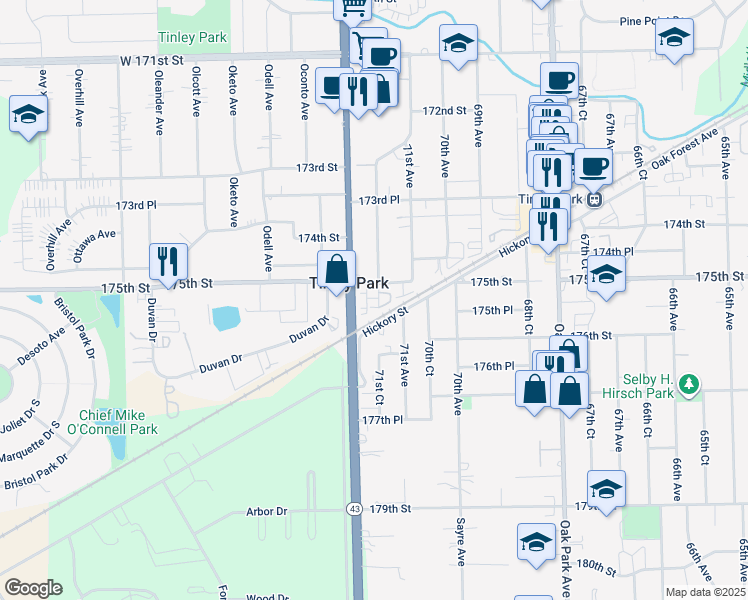 map of restaurants, bars, coffee shops, grocery stores, and more near 17550 71st Court in Tinley Park