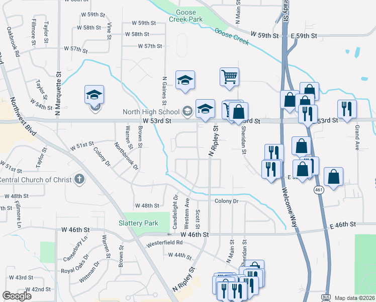 map of restaurants, bars, coffee shops, grocery stores, and more near 5122 Western Avenue in Davenport