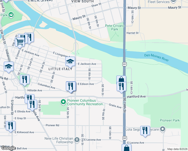 map of restaurants, bars, coffee shops, grocery stores, and more near 826 East Dunham Avenue in Des Moines
