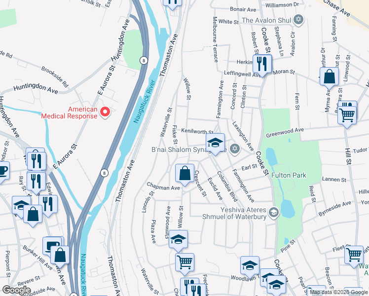 map of restaurants, bars, coffee shops, grocery stores, and more near 551 Willow Street in Waterbury