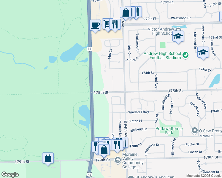 map of restaurants, bars, coffee shops, grocery stores, and more near 17430 94th Court in Tinley Park