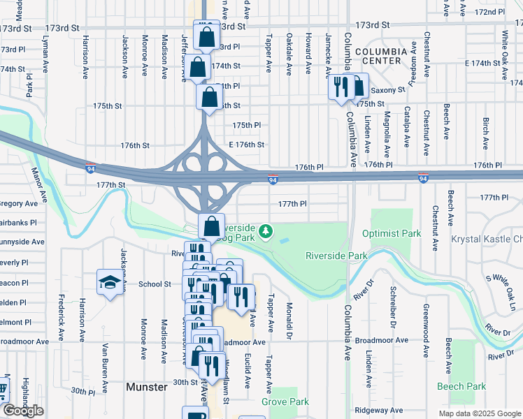 map of restaurants, bars, coffee shops, grocery stores, and more near 934 177th Place in Hammond
