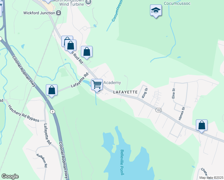 map of restaurants, bars, coffee shops, grocery stores, and more near 597 Victory Highway in North Kingstown
