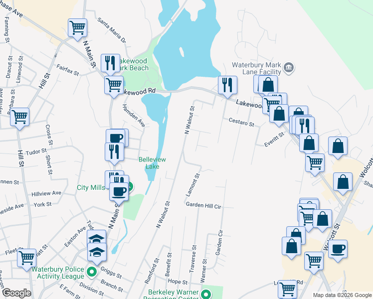 map of restaurants, bars, coffee shops, grocery stores, and more near 588 North Walnut Street in Waterbury