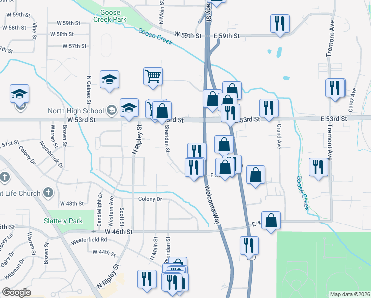 map of restaurants, bars, coffee shops, grocery stores, and more near 5001 Sheridan Street in Davenport
