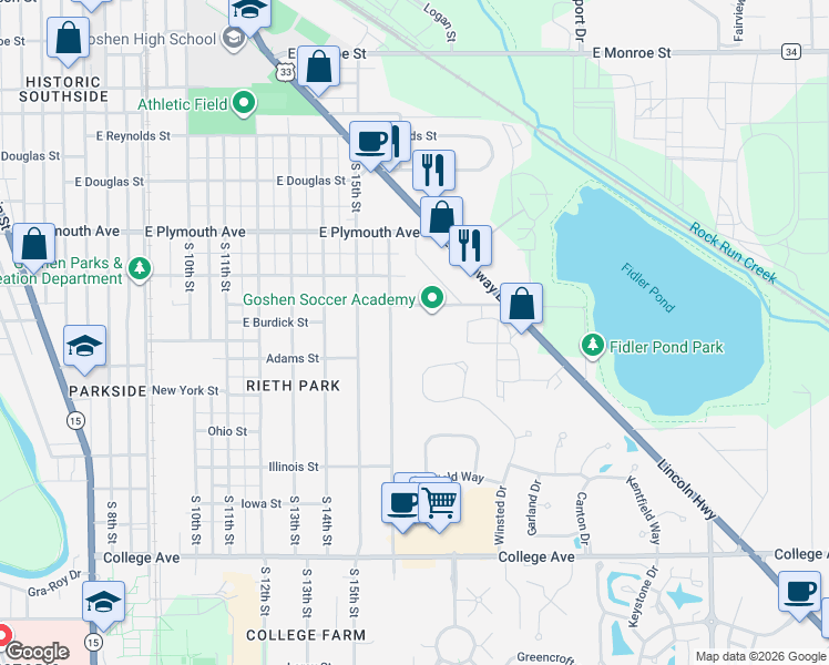 map of restaurants, bars, coffee shops, grocery stores, and more near 1102 South 16th Street in Goshen