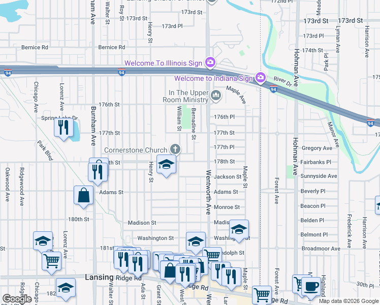 map of restaurants, bars, coffee shops, grocery stores, and more near 3524 178th Street in Lansing