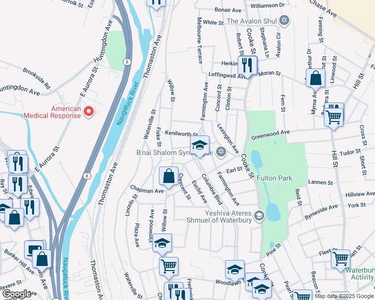 map of restaurants, bars, coffee shops, grocery stores, and more near 253 Columbia Boulevard in Waterbury