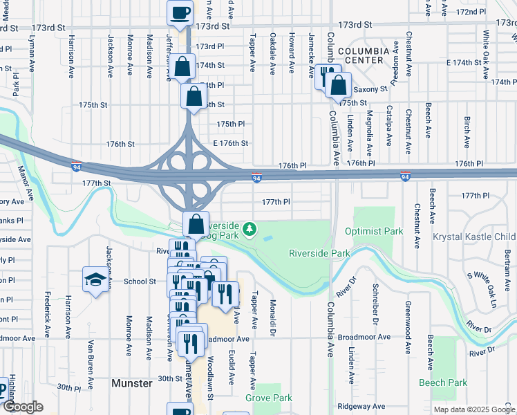 map of restaurants, bars, coffee shops, grocery stores, and more near 1025 River Drive in Hammond