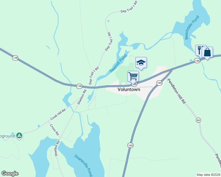map of restaurants, bars, coffee shops, grocery stores, and more near 72 Main Street in Voluntown