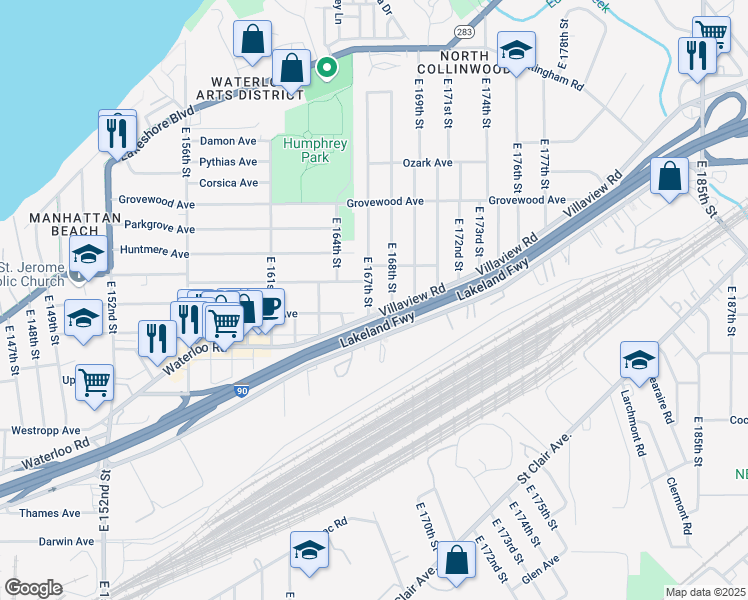 map of restaurants, bars, coffee shops, grocery stores, and more near 1285 East 167th Street in Cleveland