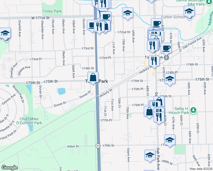 map of restaurants, bars, coffee shops, grocery stores, and more near 17550 71st Court in Tinley Park