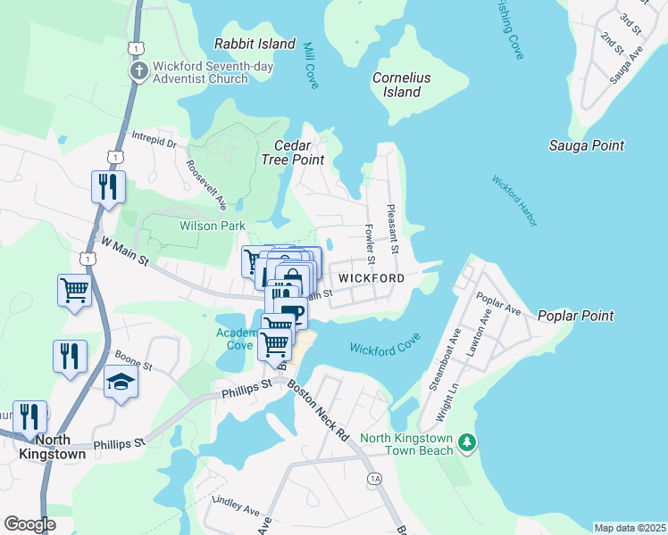 map of restaurants, bars, coffee shops, grocery stores, and more near 35 Church Lane in North Kingstown