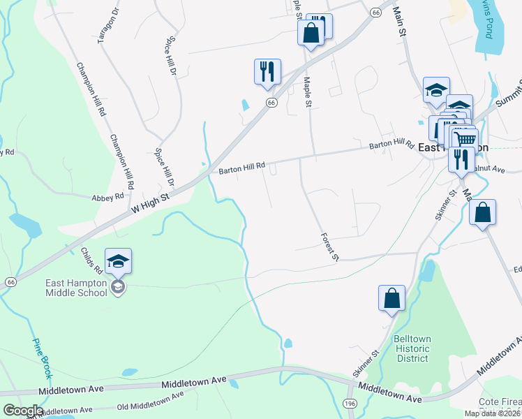 map of restaurants, bars, coffee shops, grocery stores, and more near 45 Forest Glen Drive in East Hampton